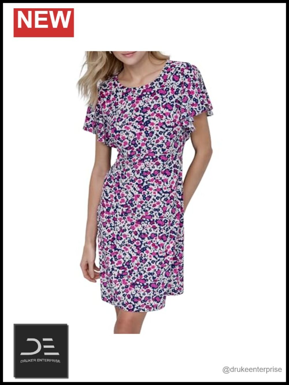 Women's Short Flutter Sleeve Jewel Neck Tunic Mini Dress